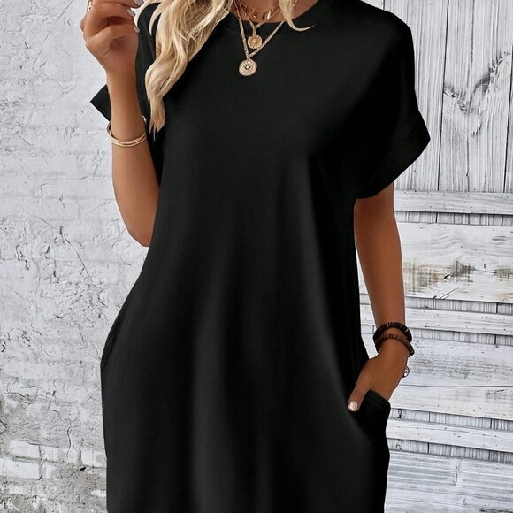Black Boho Womens  Solid Batwing Sleeve Hidden Pocket Tee Dress - Picture 4 of 5